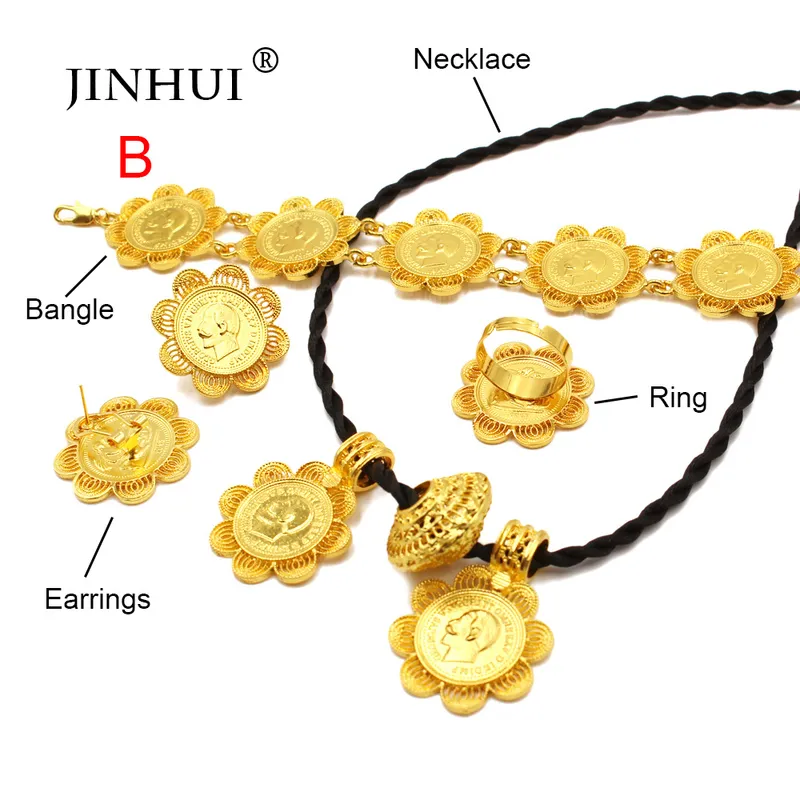 Ethiopian gold jewelry sets 24k Big Coin Pendant Necklace Earring Ring Dubai gifts for women African Eritrea wedding bridal set 220716