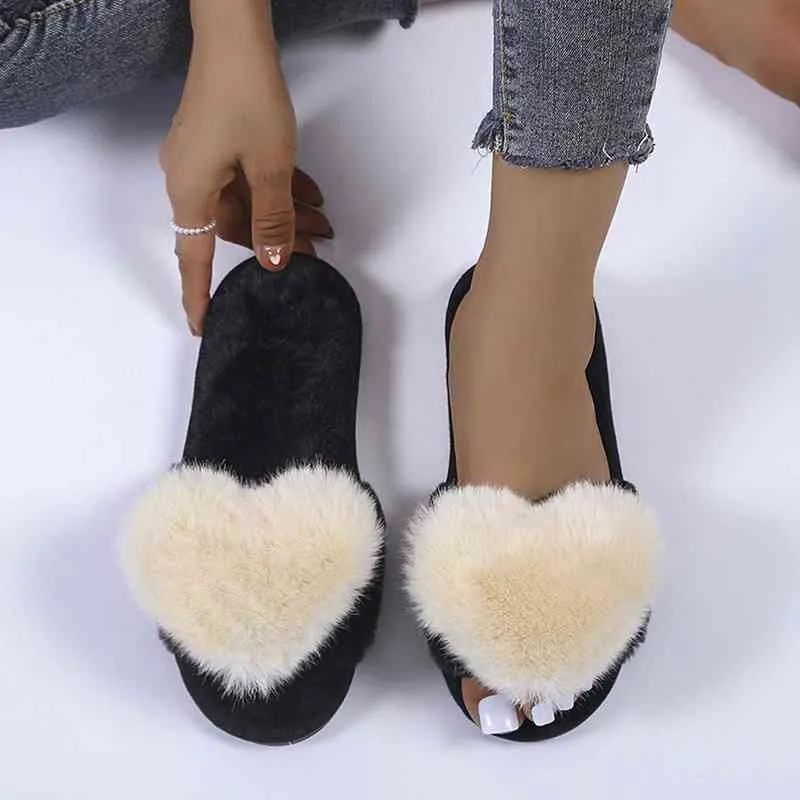 Kvinnor Tofflor Slip-On Furry Plush Kärlek Hjärta Platt Hem Vinter Öppna Toe Håll Varma Non-Slip Soft Tofflor Inomhus Husskor Y220412