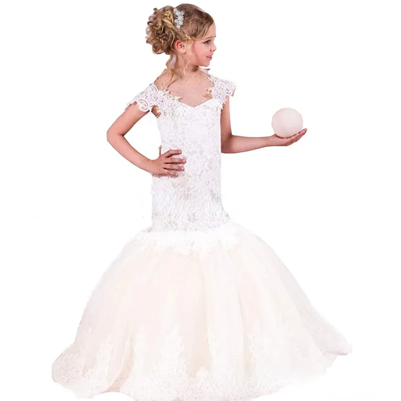 2122 spets sjöjungfruflower flicka klänningar för bröllop spaghetti spets blommor applikationer tiered kjolar flickor tävling klänning barn födelsedag 3019