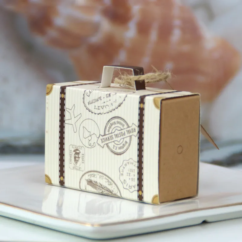 Mini Valise Kraft Papier Boîte De Bonbons Cadeaux Boîte Voyage À Thème Faveurs De Fête De Mariage Pour Baby Shower Fête D'anniversaire Fournitures CX220423