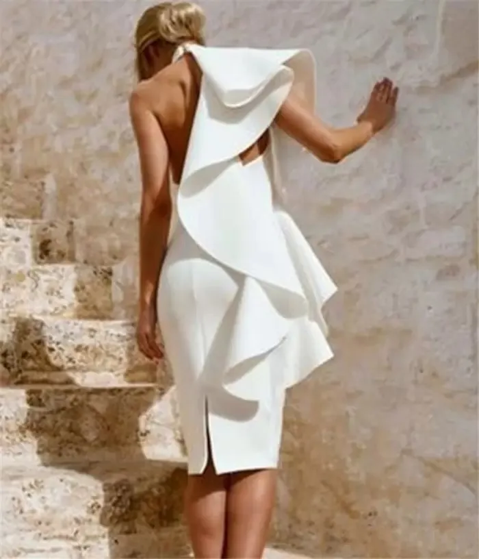 Sexy arabe col haut blanc robes de cocktail fente longueur au genou 2022 mode volants gaine soirée robes de bal courte jolie femme Pa216g