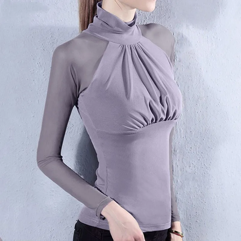 Kobiety jesienne seksowne koszule bluzki Turtleeck z długim rękawem Siatka Wyglądaj przez splot blusas topy swobodne pullover 220516