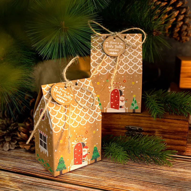 Kerst Kraft Papieren Box Santa Claus Snowman Deer House Shape Candy Dozen met Advent Kalender Number Sticker Gift Bag 220420