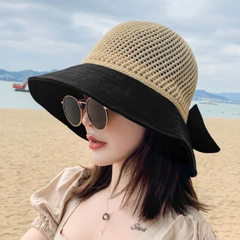امرأة الصيف القبعات مع Visor Hollow Straw Hat Design Bow Design Sun Hat Travel Mesh Ducket Hat 220519