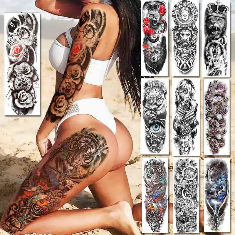 NXY Tijdelijke Tattoo Sexy Lange Volledige Arm Rose Klok S Voor Mannen Vrouwen Tatoo Body Leg Art Make Grote Tiger Bloem Fake Stickers 0330