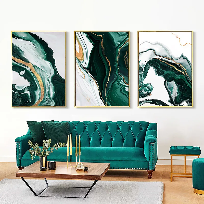 Pittura moderna astratta minimalista di arte della parete soggiorno camera da letto Linea di lamina d'oro Verde Canvas Art Poster e stampa Home Decor