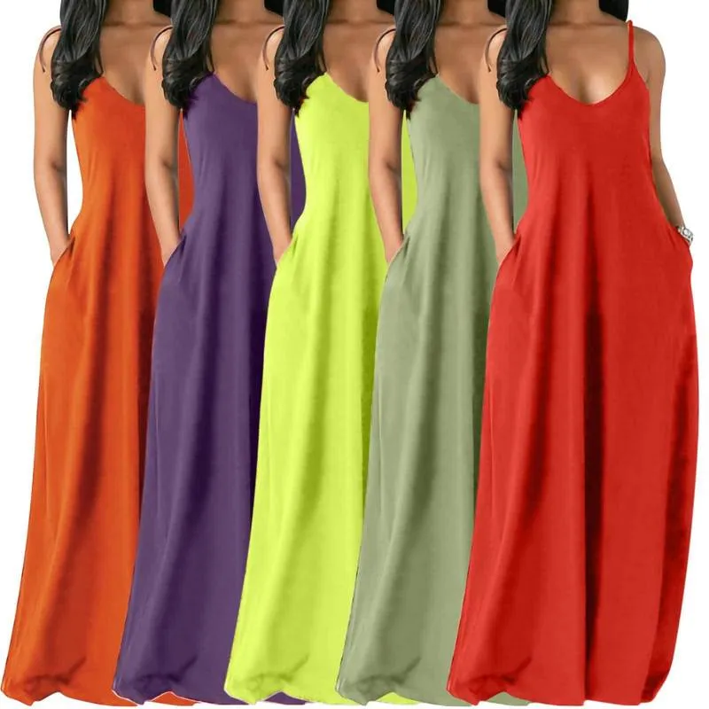 Été femmes grande taille Dresse femmes Sexy col en v sans manches sangle robe d'été dames couleur unie longue robe S5XL 220601