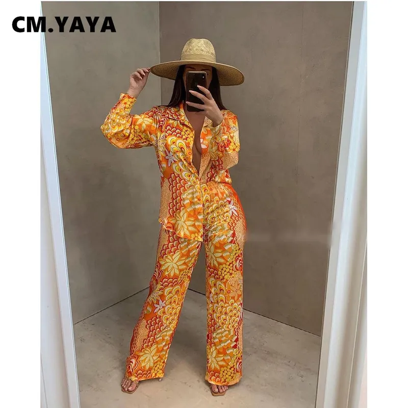 CM.YAYA Autumn Winter Peacock Women's Set Button Up Blouse Shirt Tops and Pants Elegant Tracksuit Two Piece Fitness Outfits 220315