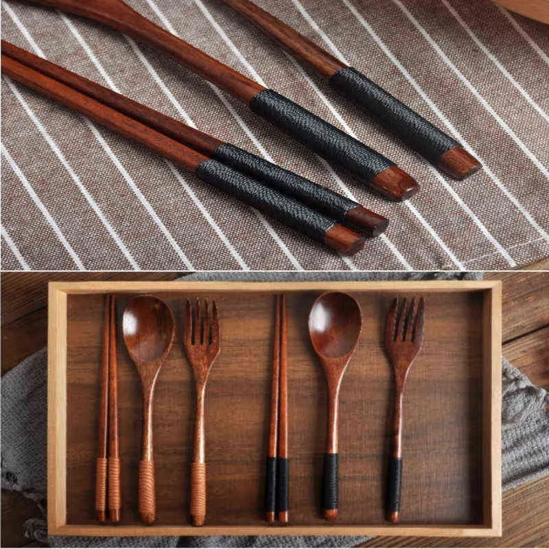 Fork para colher de madeira Conjunto de utensílios de jantar japoneses Longo, colher de madeira, pauzinhos de pauzinhos portáteis de talheres de madeira portátil de madeira Y220530