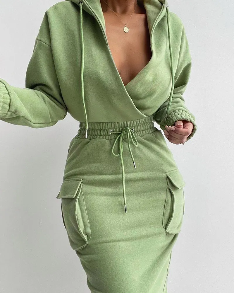 Femme Pocket Design Camouflage Print Dripstring Talia z kapturem sukienka bluzy