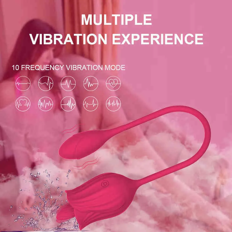 Nxy Vibratori New Full Court Flower Rose Tongue Licking Vibratore Double Headed Teaser Egg Hopping Women s Fun 220610