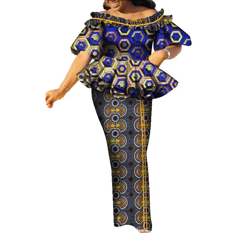 Bintarealwax Tvådelt klänning Dashiki African Dresses Suit Top and Kirt Print Plus Size Clothing for Women Set för Elegant Lady Party WY9021