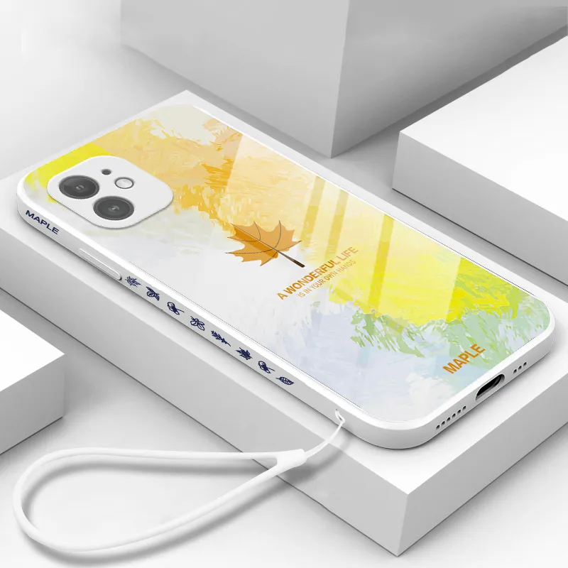 iPhone 13 12 11 Pro最大XS MAX XR x 8 7プラスハンドストラップスクエアソフトカバーのための高級超薄いカエデの葉のガラスの電話ケース