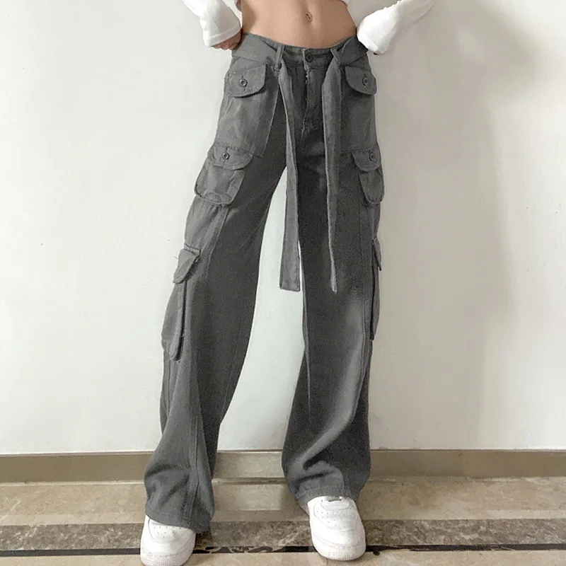 Pantalones de carga casual cintura baja vintage gris suelto streetwear baggy jeans mujeres de gran tamaño high street sexy y2k pantalones rectos 220815