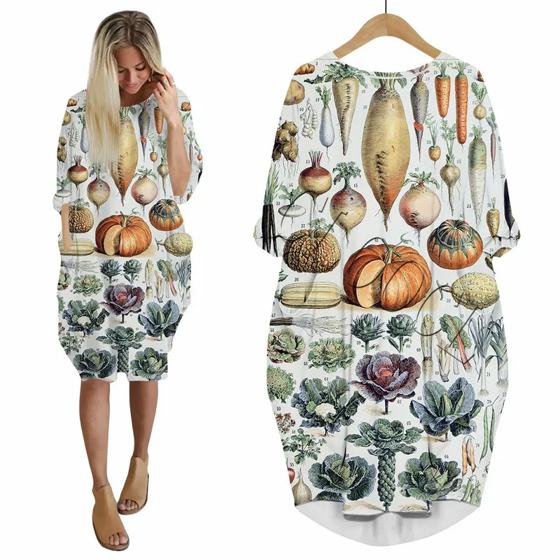 빈티지 야채 버섯 3D 프린트 드레스 캐주얼 여성 드레스 포켓 파티 의류 Longsleeve 여성 드레스 W220617