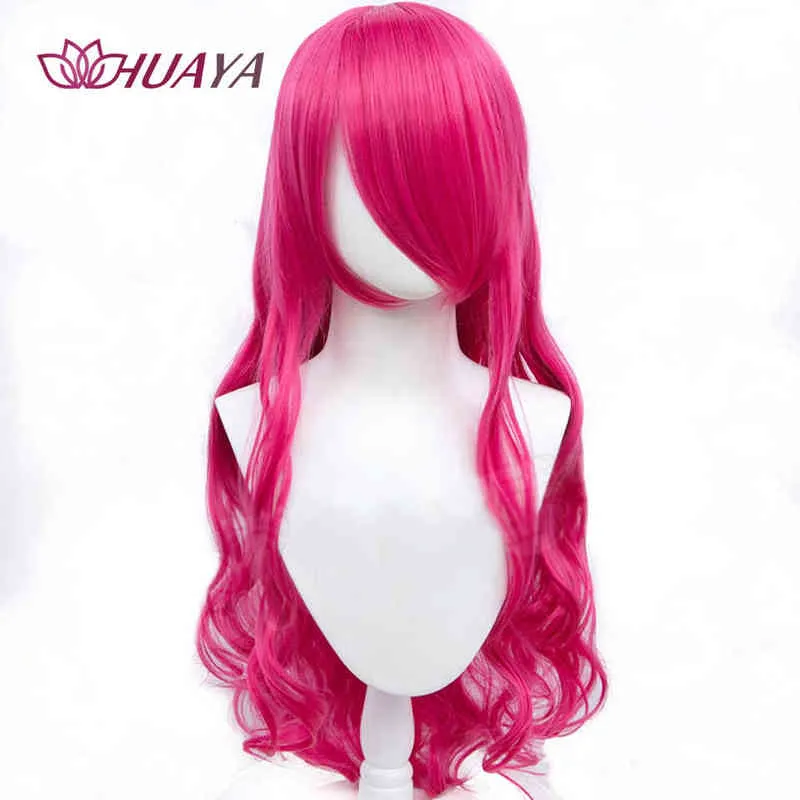 Huaya 75cm lange golvende krullende synthetische cosplay -pruik voor vrouwen roze zilver rood zwart gele feestpruiken met pony hittebestendig 220622