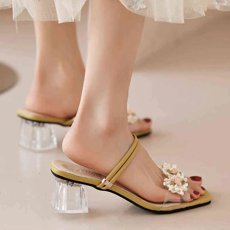 Sandals Lace Floral for Women 2022 Summer Fashion Square Toe Beach Slippers Woman Clear High Heels Sandalia Mujer 220419