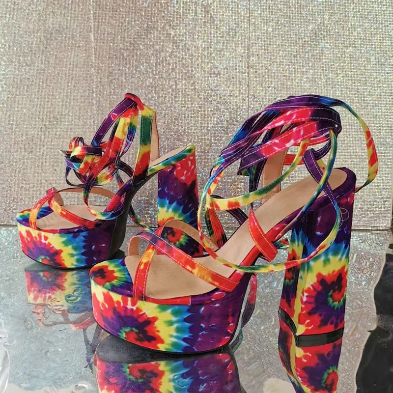 Olomm nouveauté femmes gladiateur sandales à lacets talon épais bout rond magnifique Multi couleur boîte de nuit chaussures femmes taille américaine 5-15