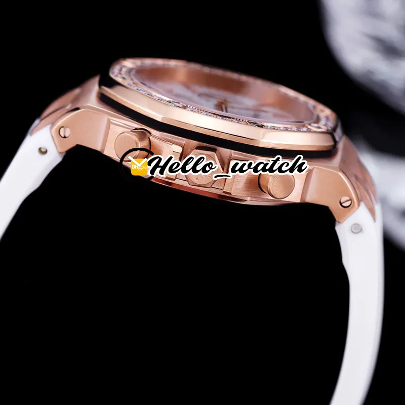 37mm日付26231 Miyota Quartz Chronsograph Womens Watch Pink Texture Dial Stopwatch Rose Gold Case Diamond Bezel Strap Fashi2625