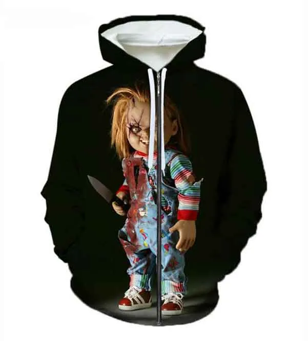2022 Cadılar Bayramı Chucky 3D Hoodie Sweatshirts Tekdüzen Erkek Kadın Hoodies Kolej Giyim Üstleri Dış Giyim Fermuar Kat Kıyafet H016
