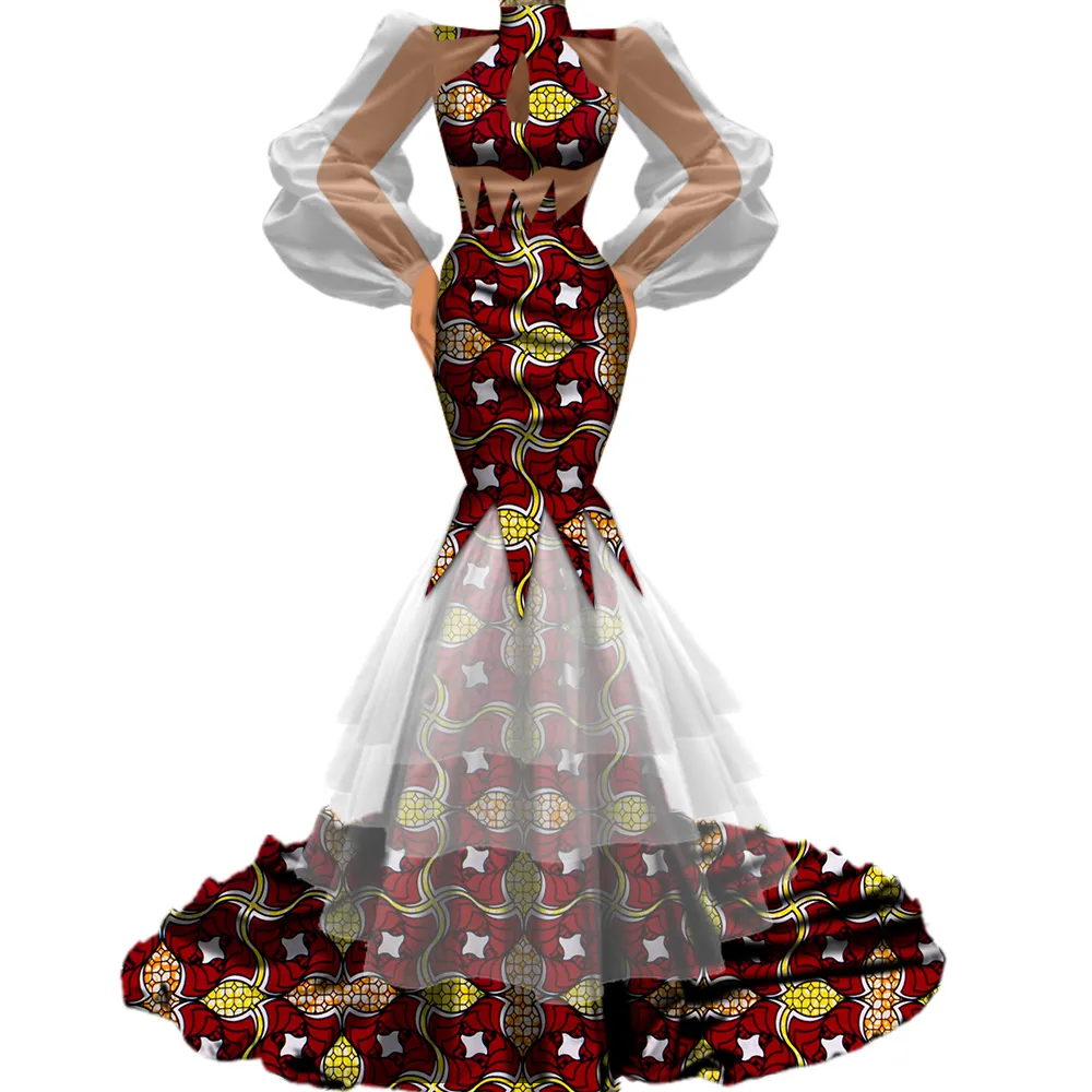 BintaRealWax Новый Дизайн Женщины Элегантный Bodycon Высокое качествоПачка Тюль Марля Лоскутная Африканская Ткань Свадьба Юбка Платья WY4720