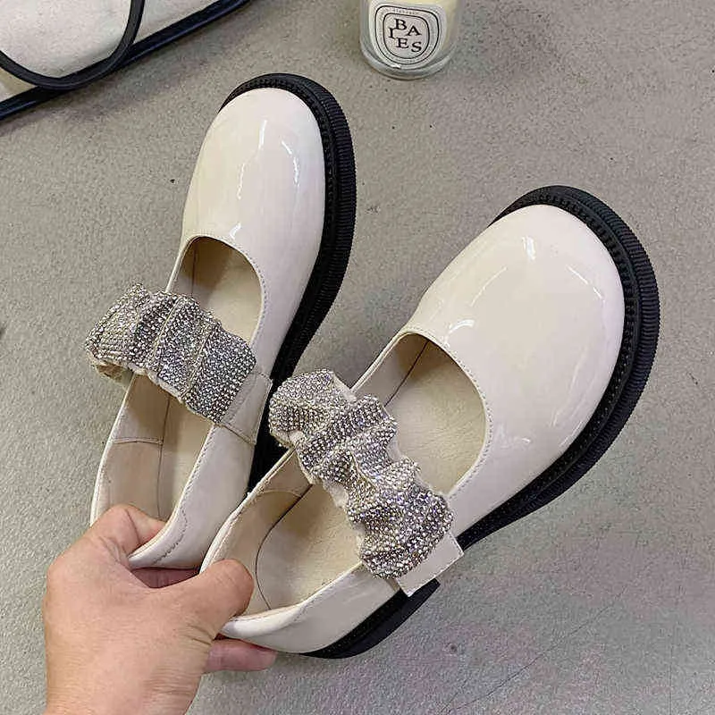 Dress Shoes Rimocy Crystal Strap Mary Janes Women 2022 New Patent Leather Low Heel Student Woman Round Nose Jk Uniform female 220416