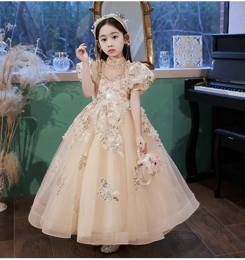 Yüksek Kalite Beyaz İlk Komünyon Elbiseler Kız Tül Dantel Bebek Toddler Pageant Çiçek Kız Elbise Düğün Dantel Boncuklu Doğum Günü Abiye Için