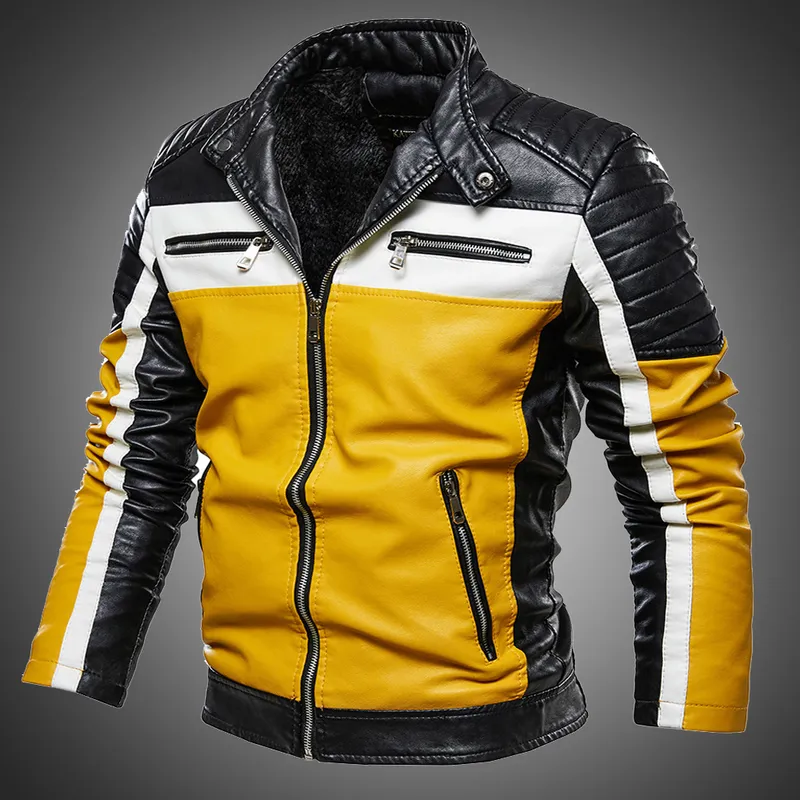 Men Yellow PU Leather Jacket Patchwork Biker s Casual Zipper Coat Male Motorcycle Slim Fit Fur Lined Outwear 220715
