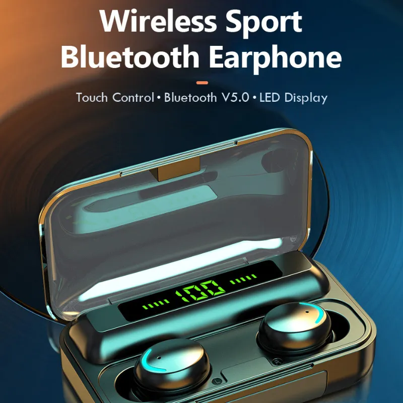 F9-5 Trådlösa Hörlurar 5c TWS Bluetooth 5.0 Hörlurar 9D Stereo Musik Handsfree 2000mAh Laddbox Med Mikrofon Sport Vattentäta Headset Hörlurar