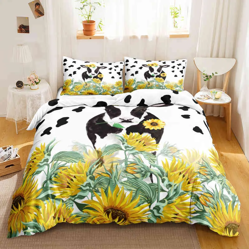 Capa de edredom com estampa de vaca fofa tamanho queen conjunto de cama Kawaii Highland edredom rei animais de fazenda de desenhos animados