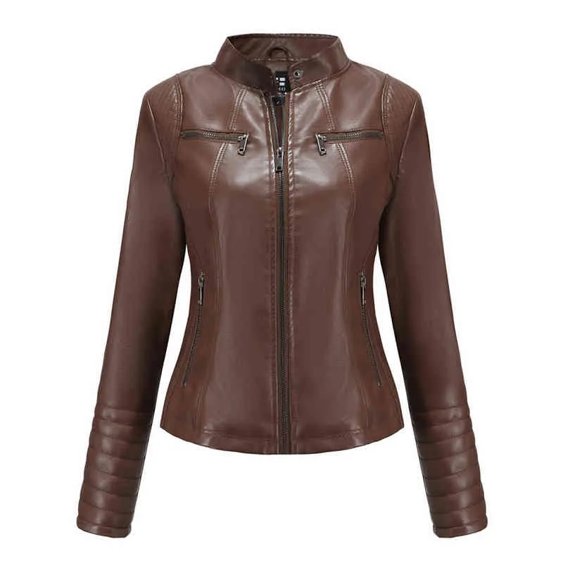 Kvinnor Slim Leather Jacket Spring Autumn Ladies Motorcykel läderjackor Kvinnor Turned Collar Zipper Slim Moto Biker Jacket L220801