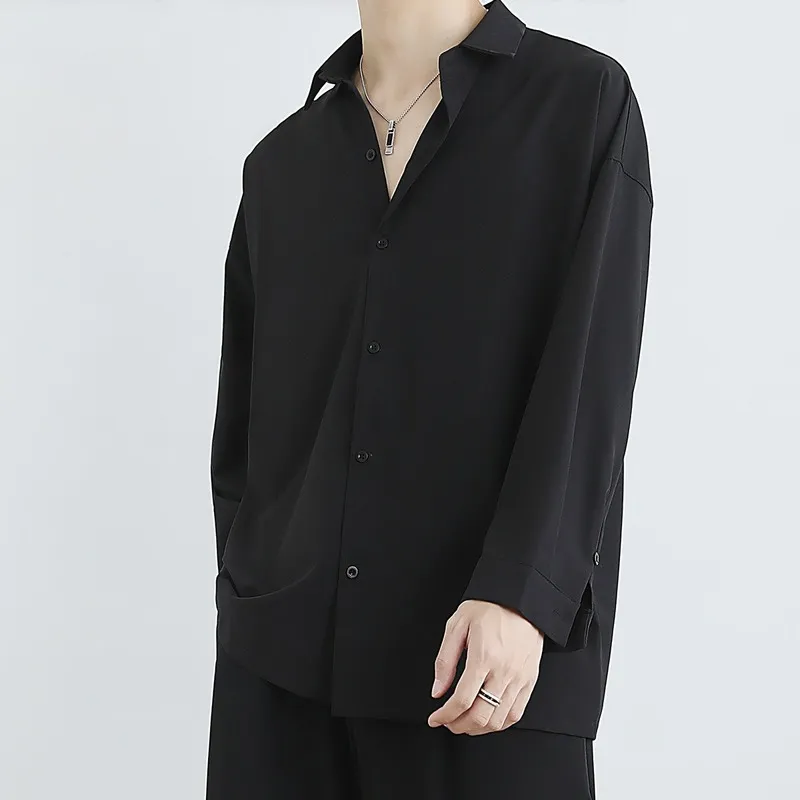 男性用エバイフイシャツ固体色の長袖ターンダウンカラーコート韓国ファッションバギーブラウスハンサムストリート