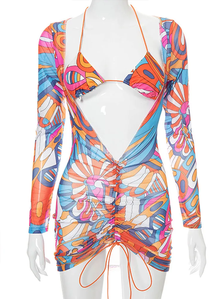 In-X Print bikini Long sleeves swimwear female Drawstring swimsuit women's swimming Brazilian bathing Sexy summer 220408