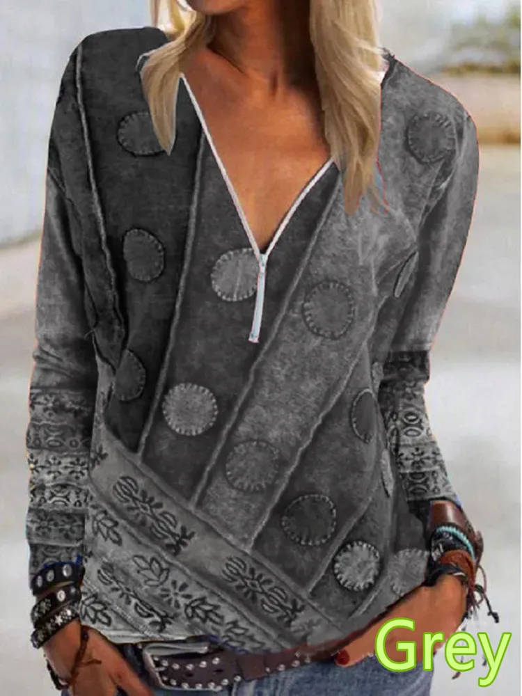 Womens Tshirt Spring and Summer Fashion Vintage Printed Zipper Vneck Long Sleeve Tshirt Casual Plus Size Soft Top 220526