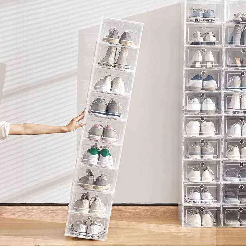 Conjunto de caixa de sapatos multicolorida, 12 peças, armazenamento dobrável, plástico transparente, organizador de casa, rack de sapatos, exibição de pilha, organizador de armazenamento, caixa única a234q