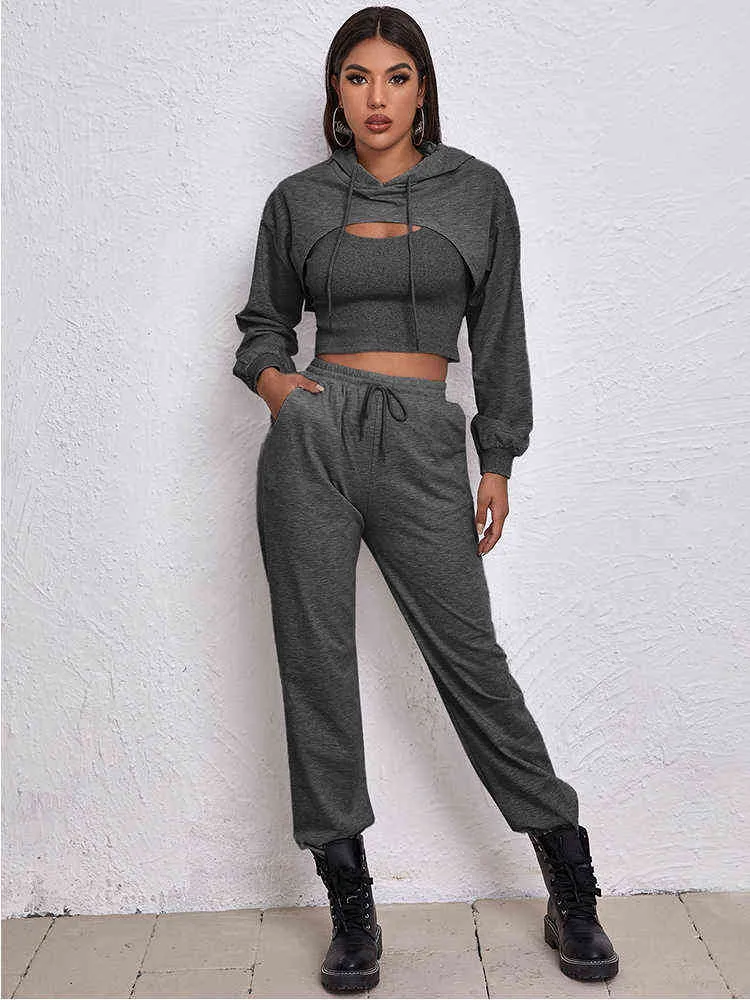 Женщины Athflow Style Hoodie Three-Pure Cust Solid Crop Bare Midriff Толстовка Athleisure и наряды для брюков, установленные для спорта T220729