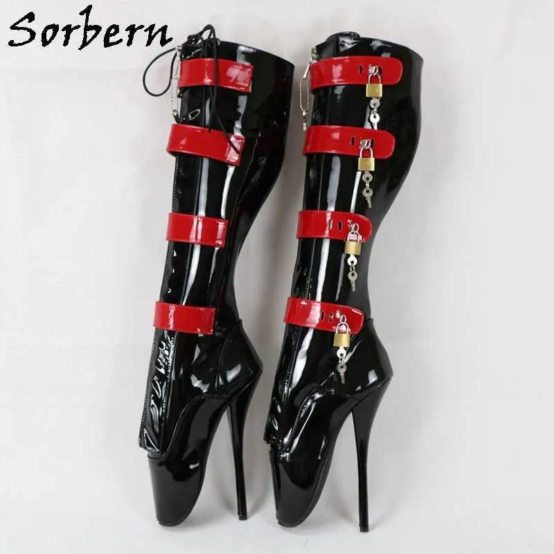Sorbern Blockable Keys Ballet Boots Женщины Черно-красный Стелетос Фетиш Высокий каблук 18см Кружева Над Долгинской Корольей Обувь Пользовательские Цвета