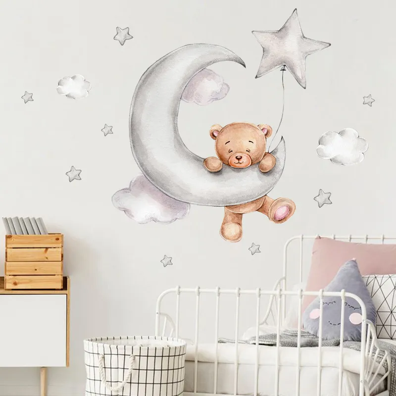 Gareton Bear Bear Bunny Star Moon Wall Stickers para crianças quartos de bebê decoração de parede papel de parede meninos meninos quarto adesivo de berçário 220727