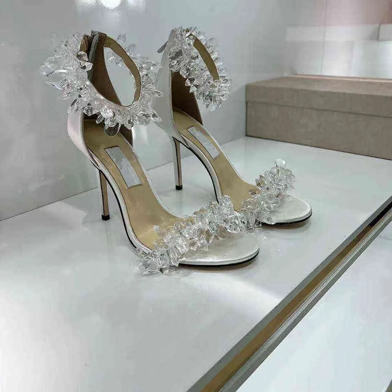 High version J high heels crystal ice flower 2022 new white wedding shoes Rhinestone stiletto fairy style one line sandals