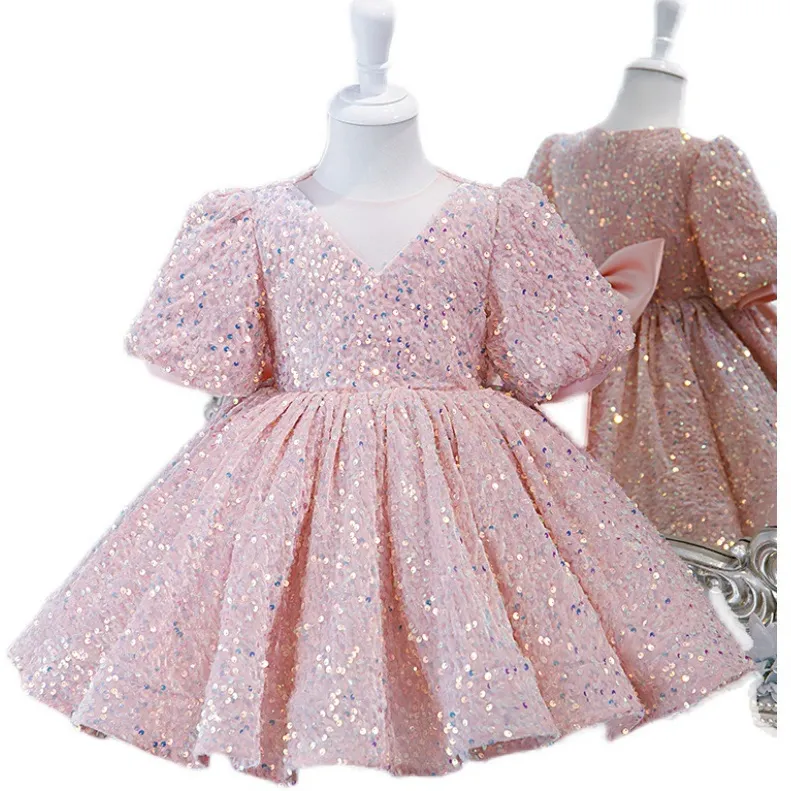 2022 vestidos de niña de las flores con lentejuelas para la boda Apliques florales de encaje de espagueti Faldas con gradas Vestido del desfile de niñas Vestidos de fiesta de cumpleaños para niños de color rosa