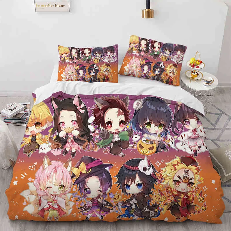 Demon Slayer Bedding Set Cartoon Anime Kamado Tanjirou Nezuko Rengoku Giyuu Duvet Cover Pillowcases Kids Comforter Bedroom Decor