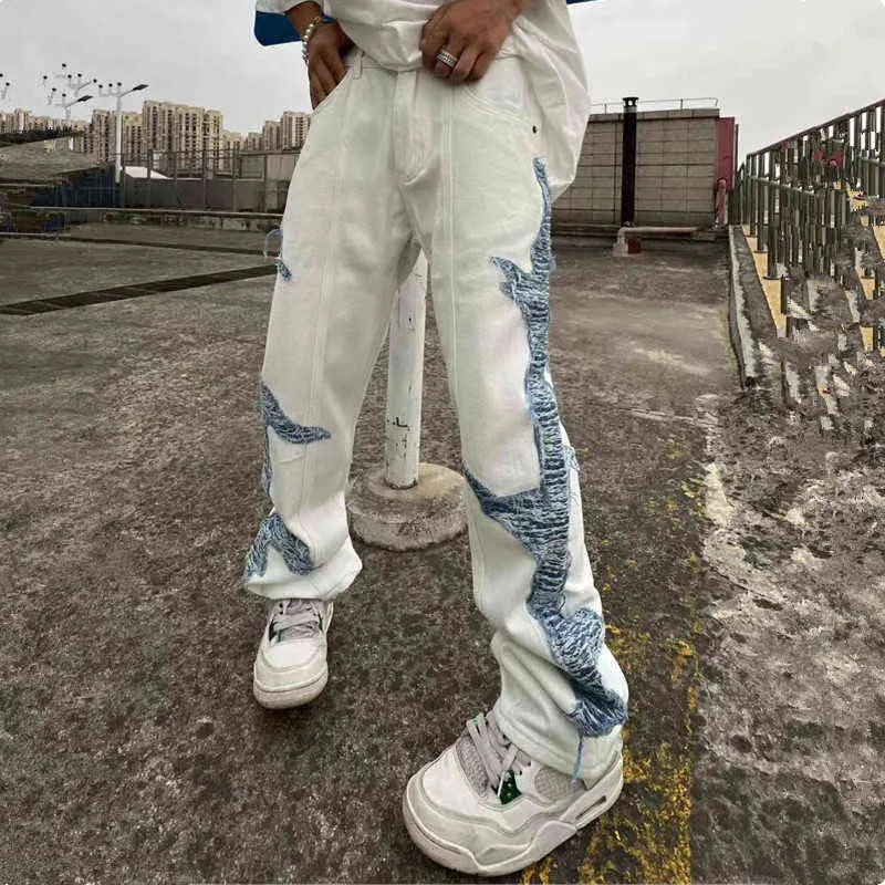 2022 Cool Design Patchwork White Cotton Men Baggy jeans broek Y2K kleding rechte hiphop punk losse denim broek Ropa hombre T220803