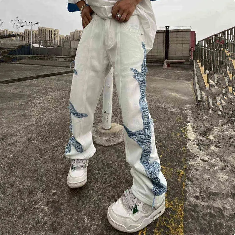 2022 Serin Tasarım Patchwork Beyaz Pamuklu Erkekler Bol kot pantolon y2k kıyafetler düz hip hop punk gevşek denim pantolon ropa hombre t220803