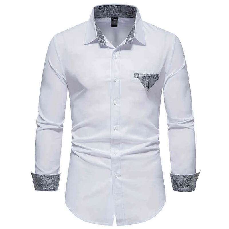 Camicia bianca con motivo cachemire a contrasto da uomo 2022 Camicia casual da lavoro a maniche lunghe slim fit di marca Mens Casual Button Down Camicie eleganti XXL L220704