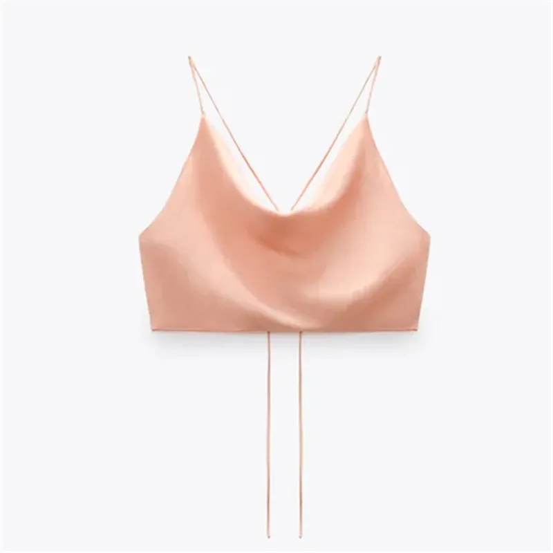 Traf top vrouwen satijn vrouw oranje zomer gewas vrouwelijke backless roze witte riemen mouwloze sexy tanks camis 220325