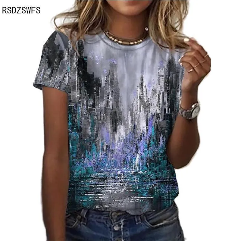 Mode manches courtes dames peinture à l'huile 3D imprimé floral t-shirt été col rond décontracté ample grande taille chemise XXS 6XL 220628