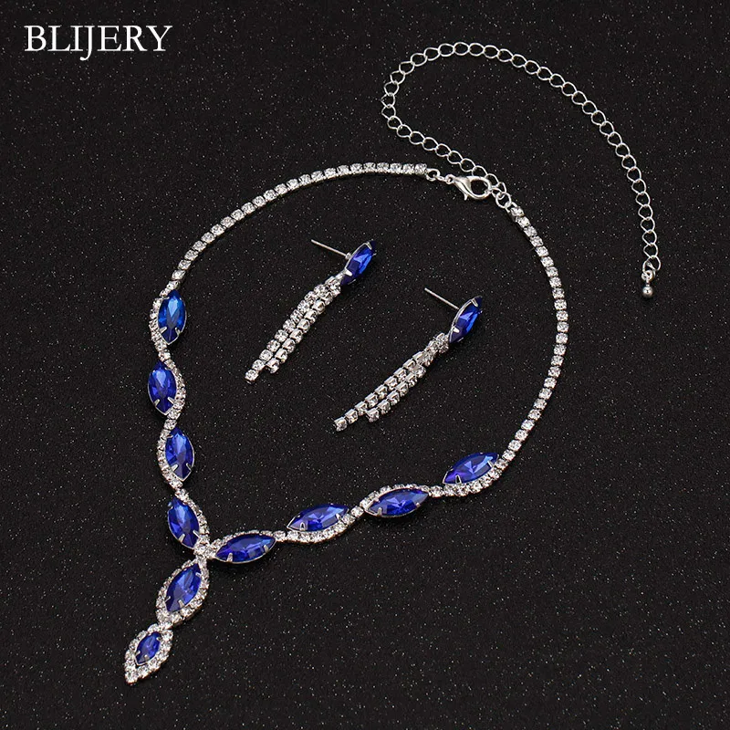 Blijery Elegant Royal Blue Crystal Свадебные украшения наборы страпов с длинными кисточками серьги для колье браслета для свадебных ювелирных изделий 220726