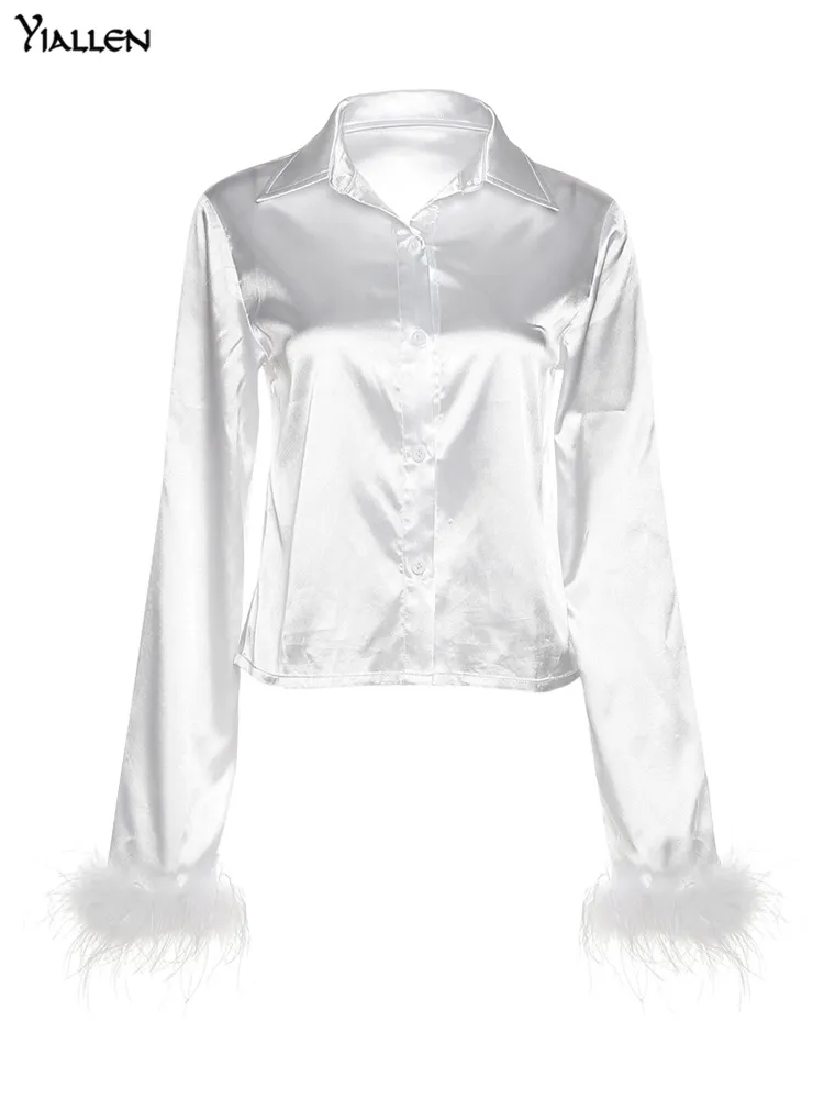 Silky Elegant Women's Blouses Sexy Slim Solid Concise Tops with Feathers High Street Softy Tees Lady Shirts Club Wear Clothing