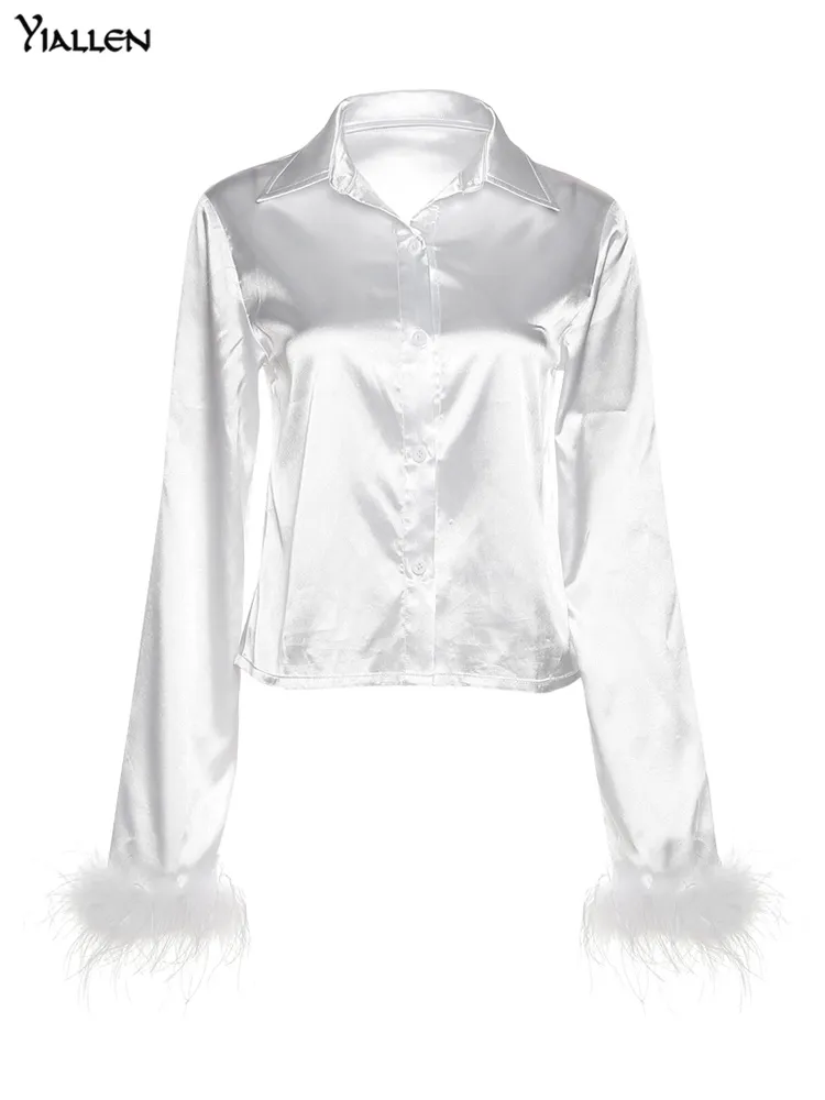 Zijdeachtige elegante damesblouses sexy slanke stevige tops met veren high street softy t -shirts lady shirts club slijtage kleding