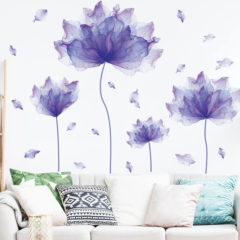 Criativo flor roxa adesivos de parede sala estar quarto decoração casa fundo decoração da parede grande 3d papel vinil flores decalque4399348